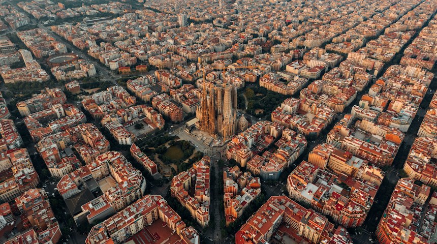 Aerial view of Barcelona city blocks and the Sagrada Familia