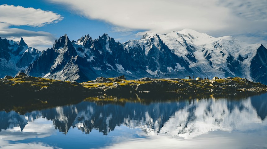 Snow-covered Mont Blanc massif above Chamonix