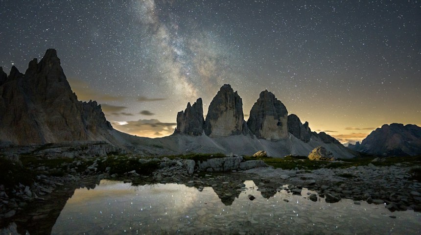 Snow-dusted peaks of the Tre Cime di Lavaredo in the Dolomites
