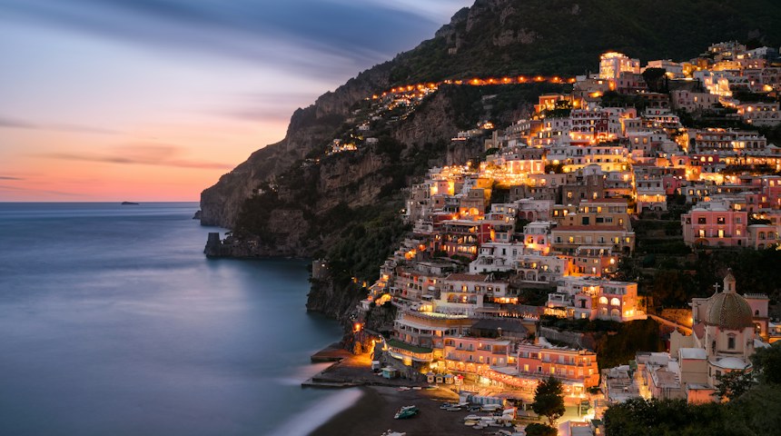 Positano village on the Amalfi Coast at dusk