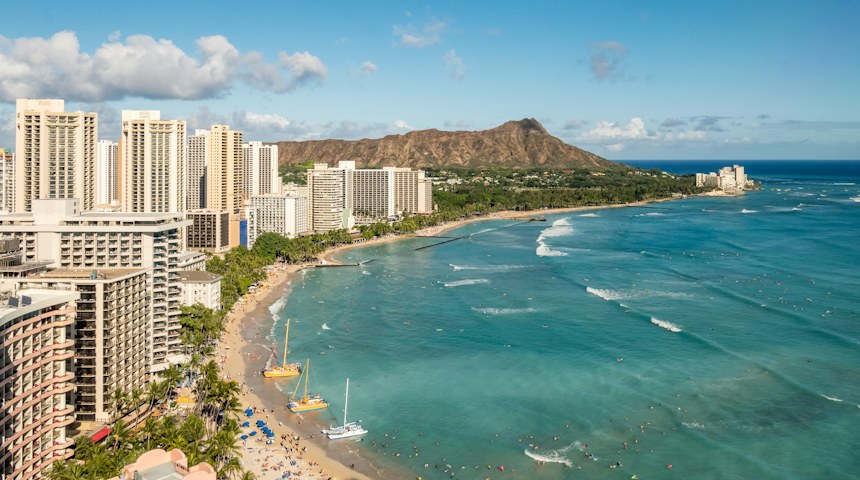 Aerial view of Waikiki Beach and Honolulu on Oahu
