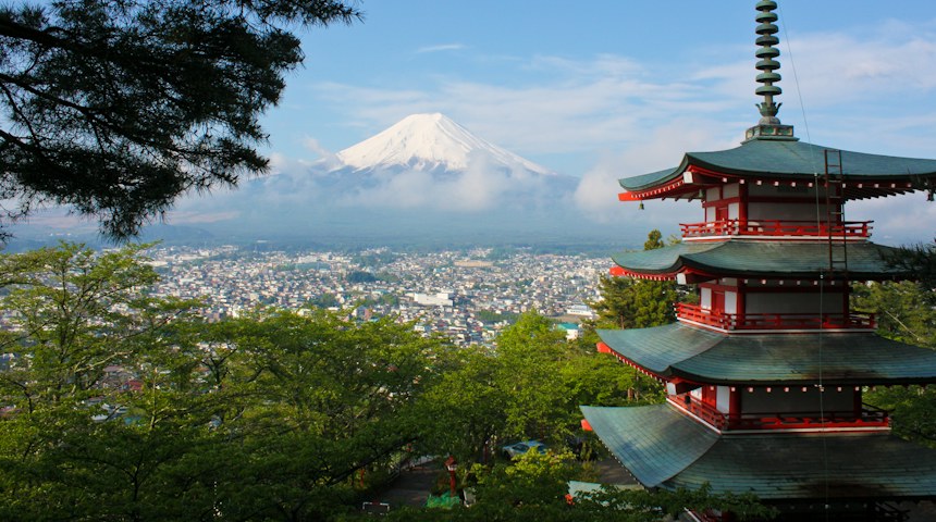 Snow-capped Mount Fuji seen on a day trip from Tokyo