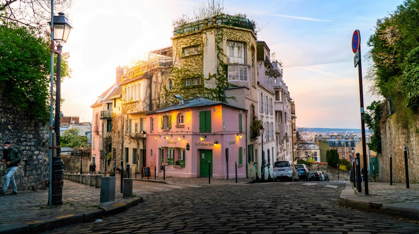 People walking along a street in Montmartre, Paris
