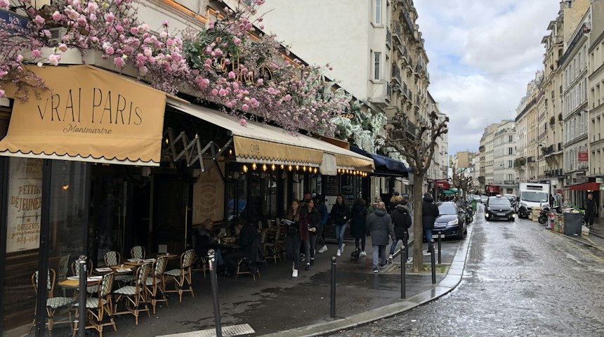 Charming city street in Paris lined with buildings