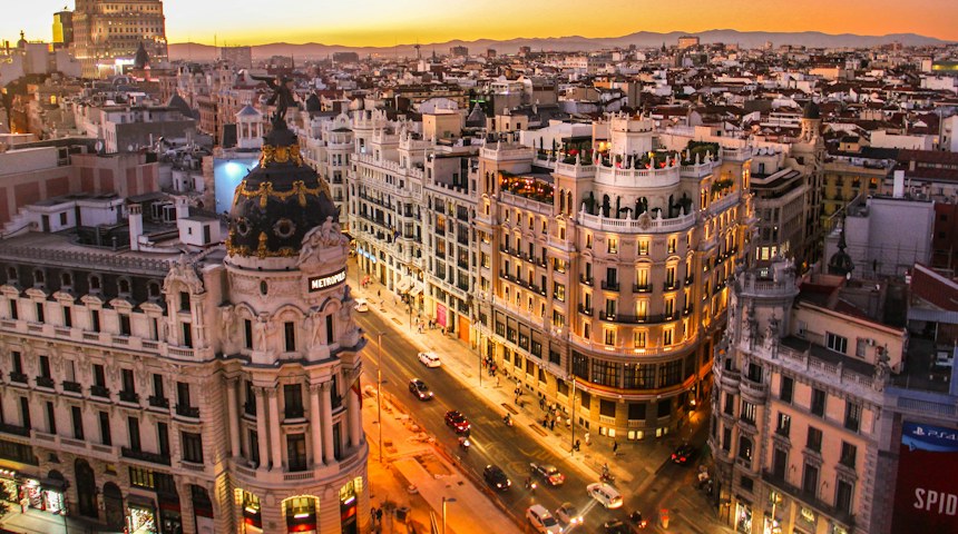 Aerial view of the Metropolis building on Gran Via in Madrid