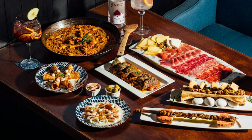 Table of Spanish tapas dishes