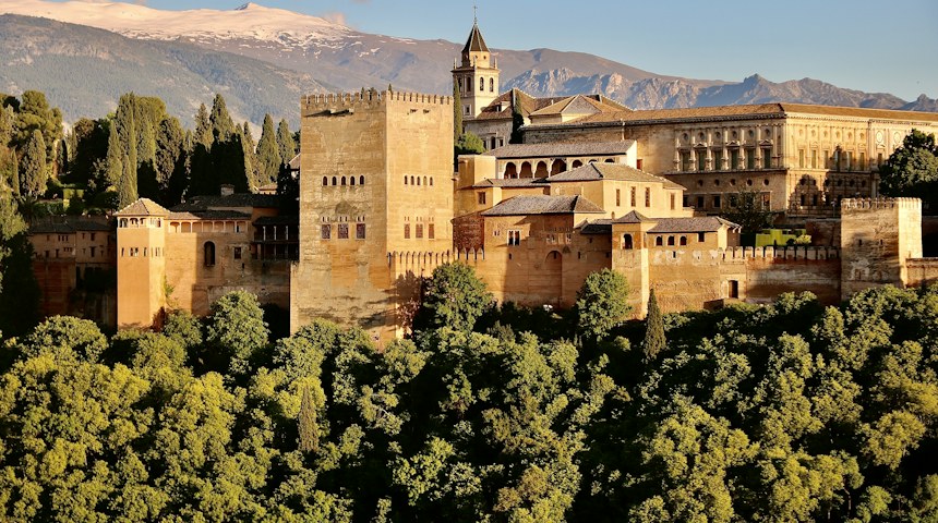 The Alhambra fortress in Granada surrounded by trees
